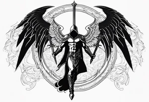 Arch angel hood fighting sword male full body heavenly tattoo idea