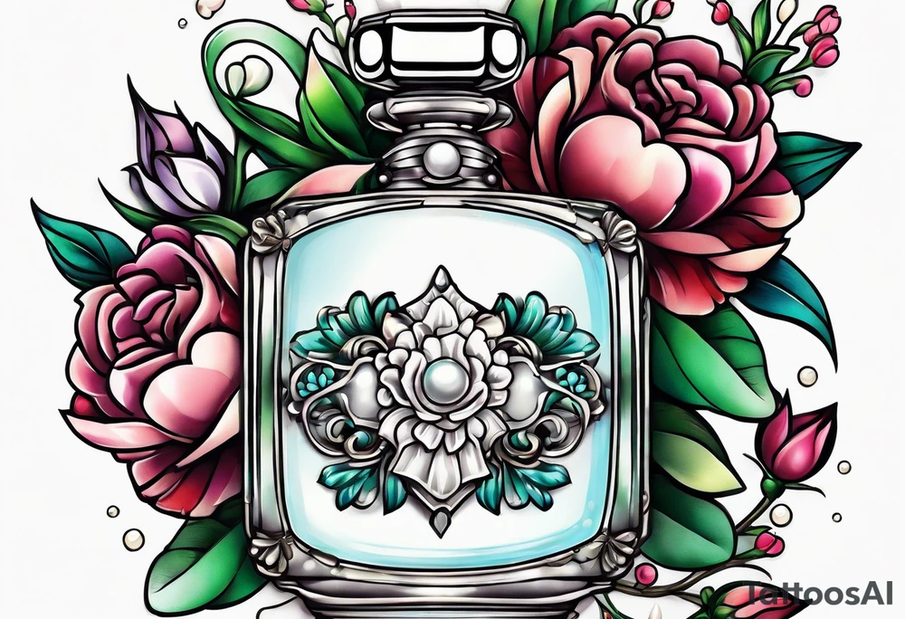 Pearl necklace wrapped around 1950s perfume bottle with flowers and bows surrounding tattoo idea