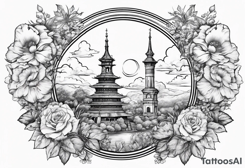 heaven town with tower
in circle vignette surrounded by clouds flowers tattoo idea