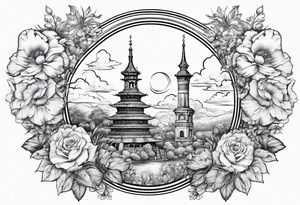 heaven town with tower
 in circle vignette surrounded by clouds flowers tattoo idea