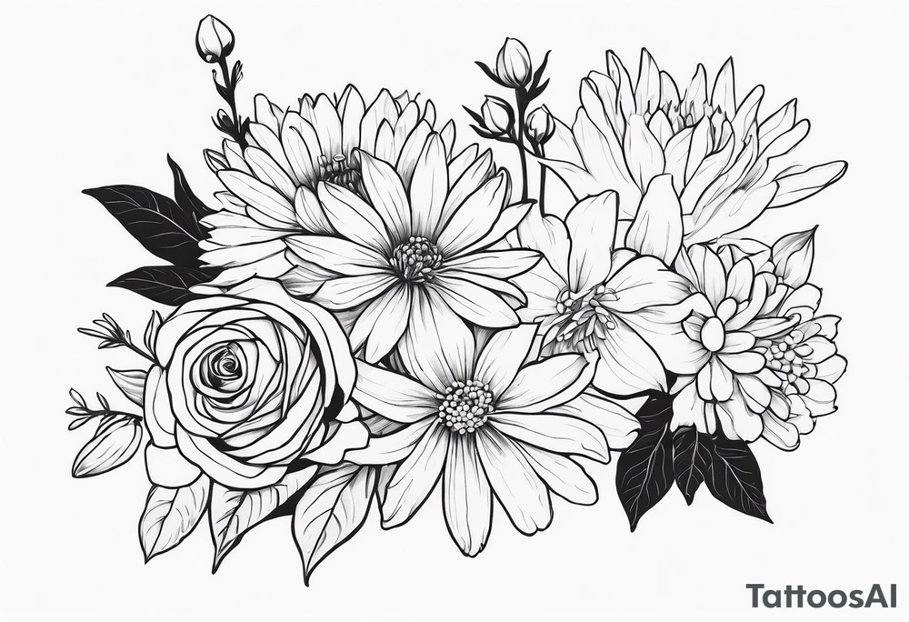 Asters, roses, lily of the valley, and chrysanthemums in a long line tattoo idea
