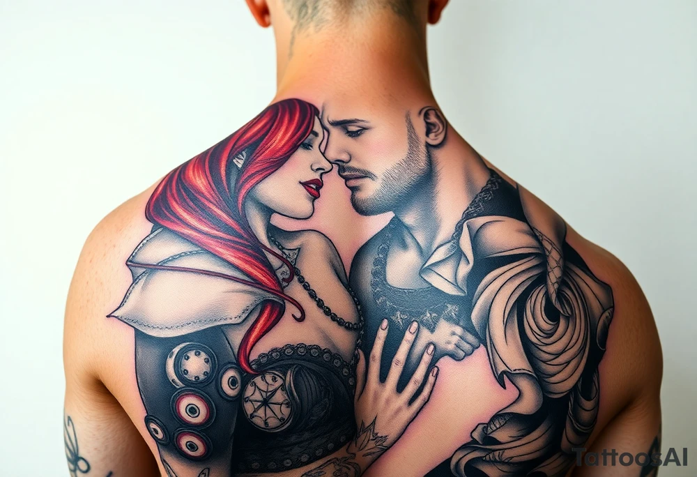 Woman with long red hair and red lipstick with lots of tattoos with  a bald muscular white man with tattoos getting married tattoo idea