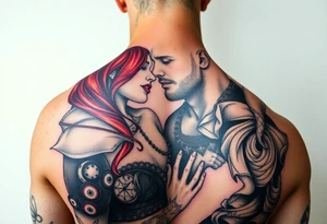 Woman with long red hair and red lipstick with lots of tattoos with  a bald muscular white man with tattoos getting married tattoo idea