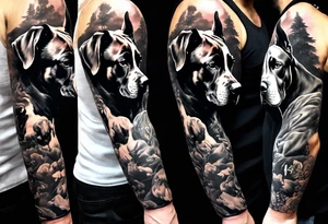 (full arm sleeve on guy) with (4) Four Great Dane floppy ear dogs with an outdoor vibe tattoo idea