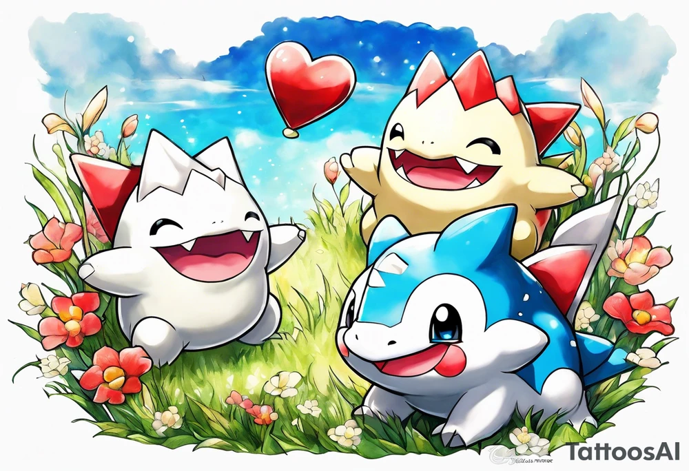 Original Togepi and original totodile playing together in a field tattoo idea