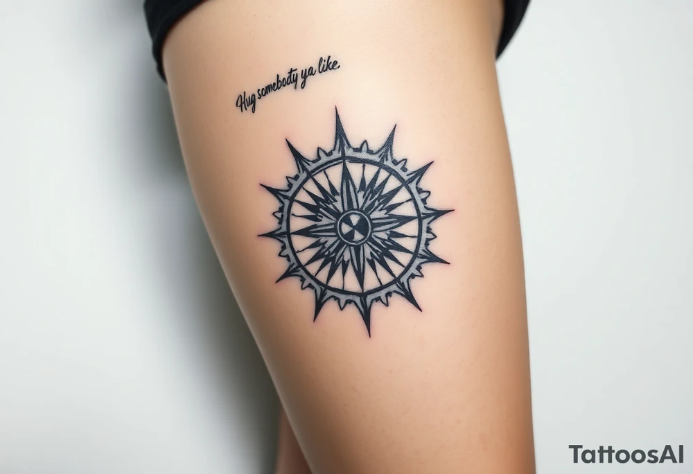 Sundial casting shadow with handwriting “Hug somebody ya like” above. tattoo idea