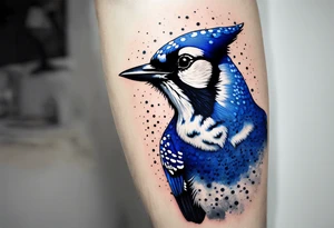 Strong blue jay bird in flight head down tattoo idea