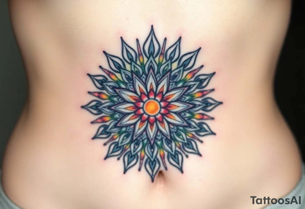 A sunburst pattern radiating from the Flower of Life centered in round cyrcle, embodying energy and vitality tattoo idea