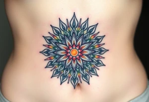 A sunburst pattern radiating from the Flower of Life centered in round cyrcle, embodying energy and vitality tattoo idea