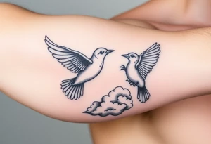 Dove and a blue jay, clouds, shining light to or from heaven tattoo idea