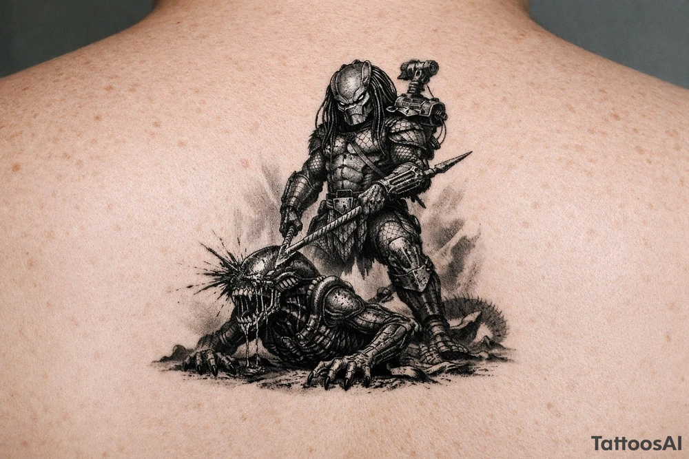 predator killing an alien, alien is crawling from the ground, predator stands tall driving his spear through the xeno's head. predator is proud, add his laser gun on his shoulder tattoo idea