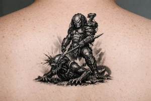predator killing an alien, alien is crawling from the ground, predator stands tall driving his spear through the xeno's head. predator is proud, add his laser gun on his shoulder tattoo idea