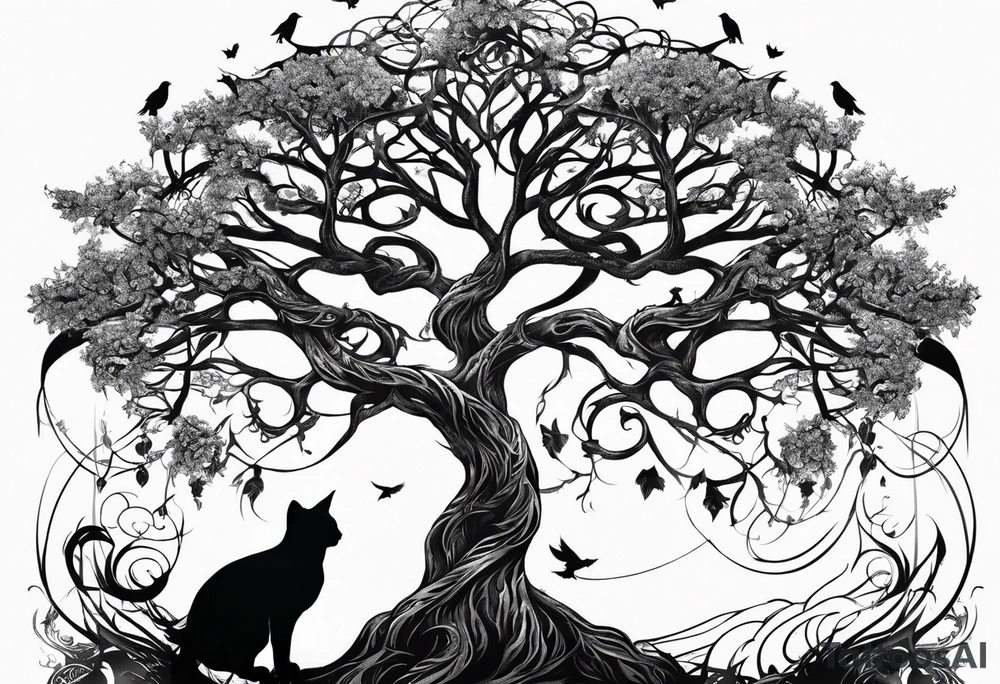 world tree with a cat and a raven and knotwork sleeve tattoo tattoo idea