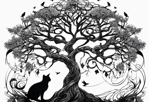 world tree with a cat and a raven and knotwork sleeve tattoo tattoo idea