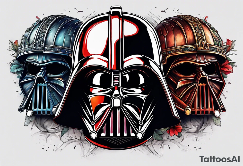 Half Darth Vader helmet half skull in Roman gladiator style tattoo idea
