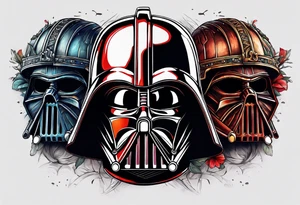 Half Darth Vader helmet half skull in Roman gladiator style tattoo idea