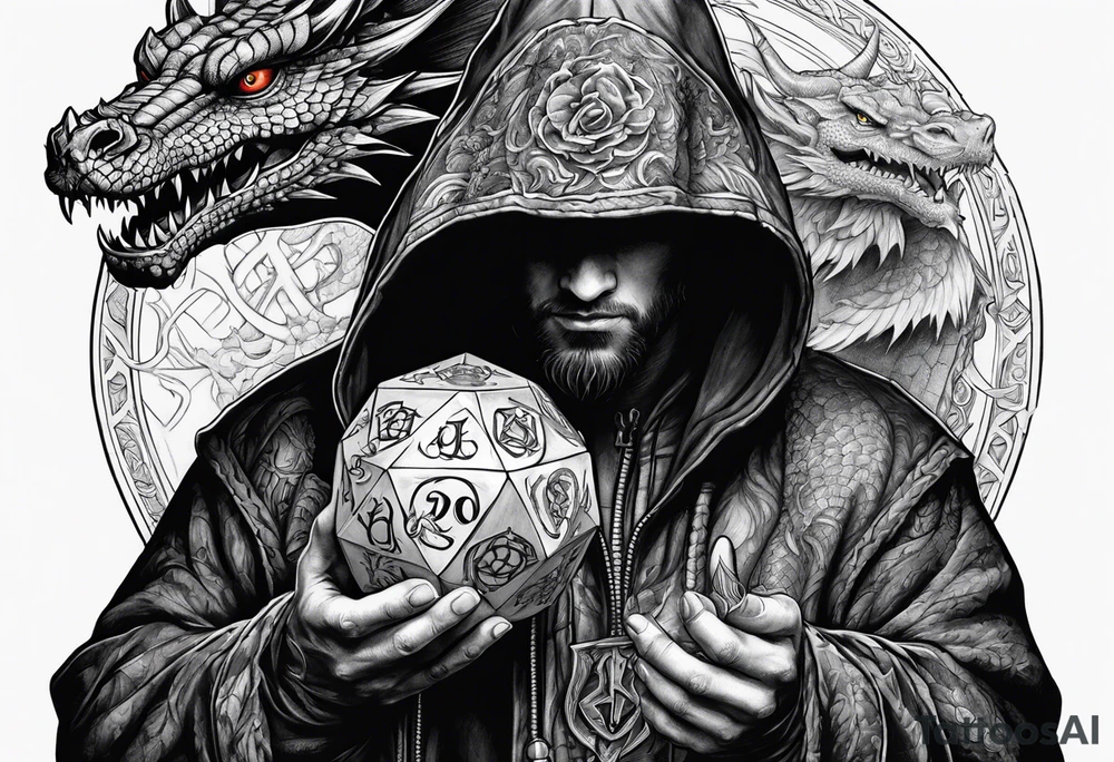Hooded figure holding a D20 surrounded by a dragon tattoo idea