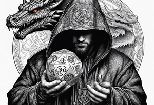 Hooded figure holding a D20 surrounded by a dragon tattoo idea