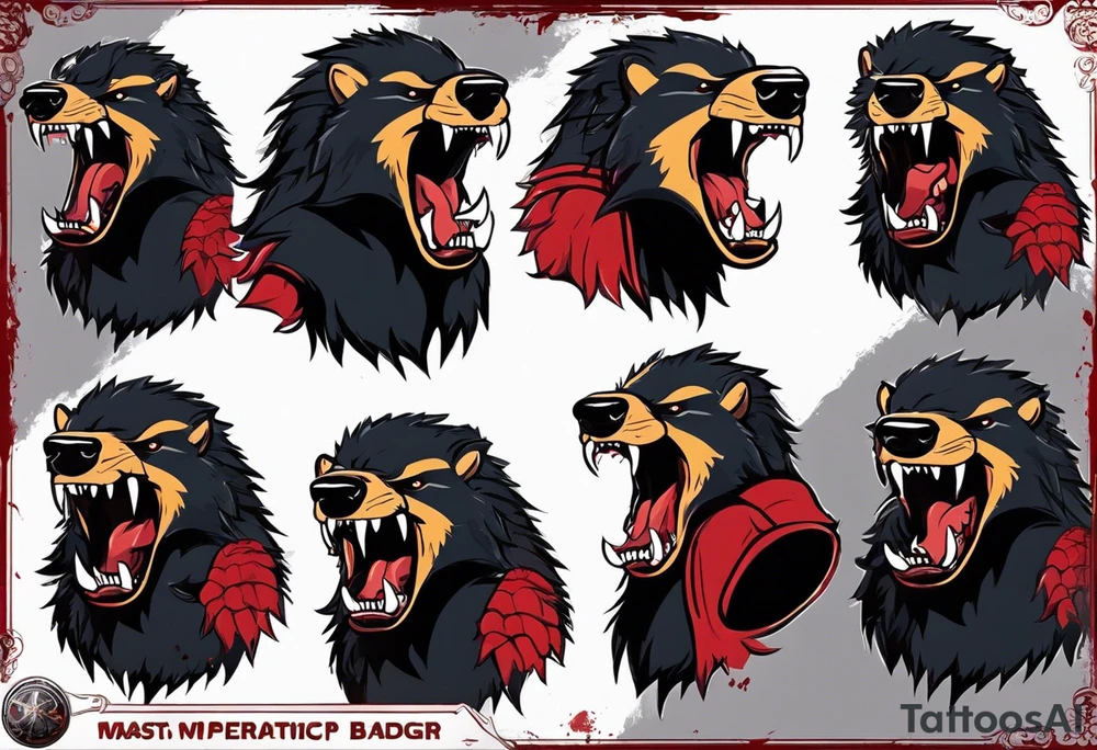 Draw me psychopath Fearless Honey Badger/Berserker with aggressive full body, killer face with a scary smile, very long nails and he attacks like a Bloody Assassin/Warrior/Gladiator to us and also, he has very deadly looking. He fights with his nails only. Everybody scares after their first sight. Give me horror type Badger Tattoo. I want to see his Realistic full body with no weapons. You can show destruction at the back. tattoo idea