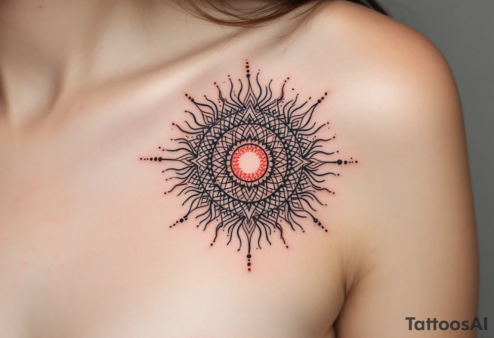 This black-and-grey Celtic sun tattoo with crimson dotwork evokes mysterious solar magic. tattoo idea