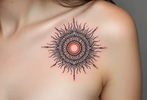 This black-and-grey Celtic sun tattoo with crimson dotwork evokes mysterious solar magic. tattoo idea