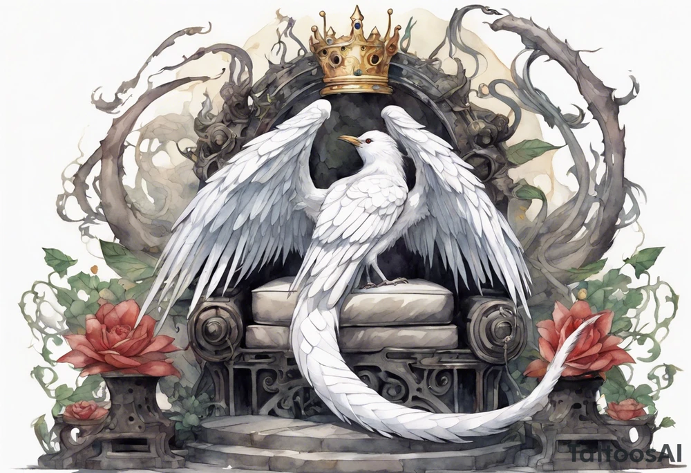 a white bird-serpent hybrid, wearing a iron crown, coiled around a throne tattoo idea