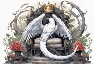 a white bird-serpent hybrid, wearing a iron crown, coiled around a throne tattoo idea