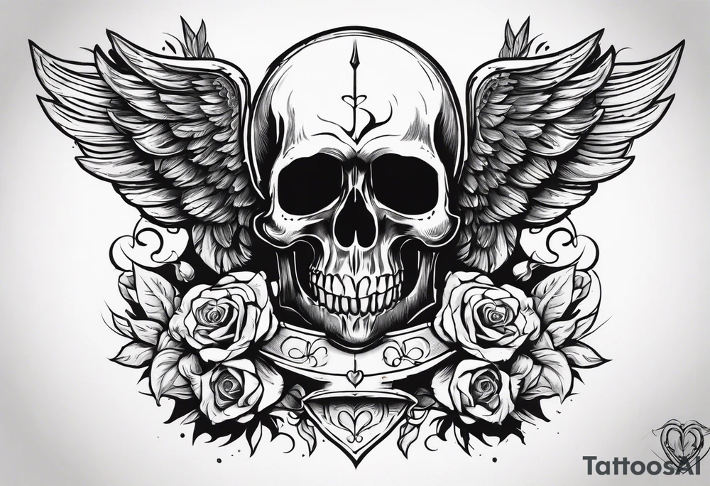 skull with a gun dominated by a  heart with wings and  flames coming out of the top of it tattoo idea