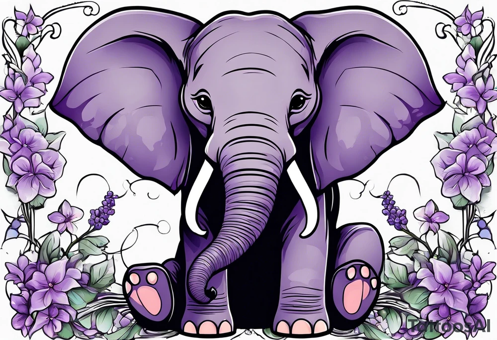 Baby elephant sitting with lilacs in its trunk tattoo idea