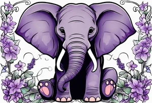 Baby elephant sitting with lilacs in its trunk tattoo idea