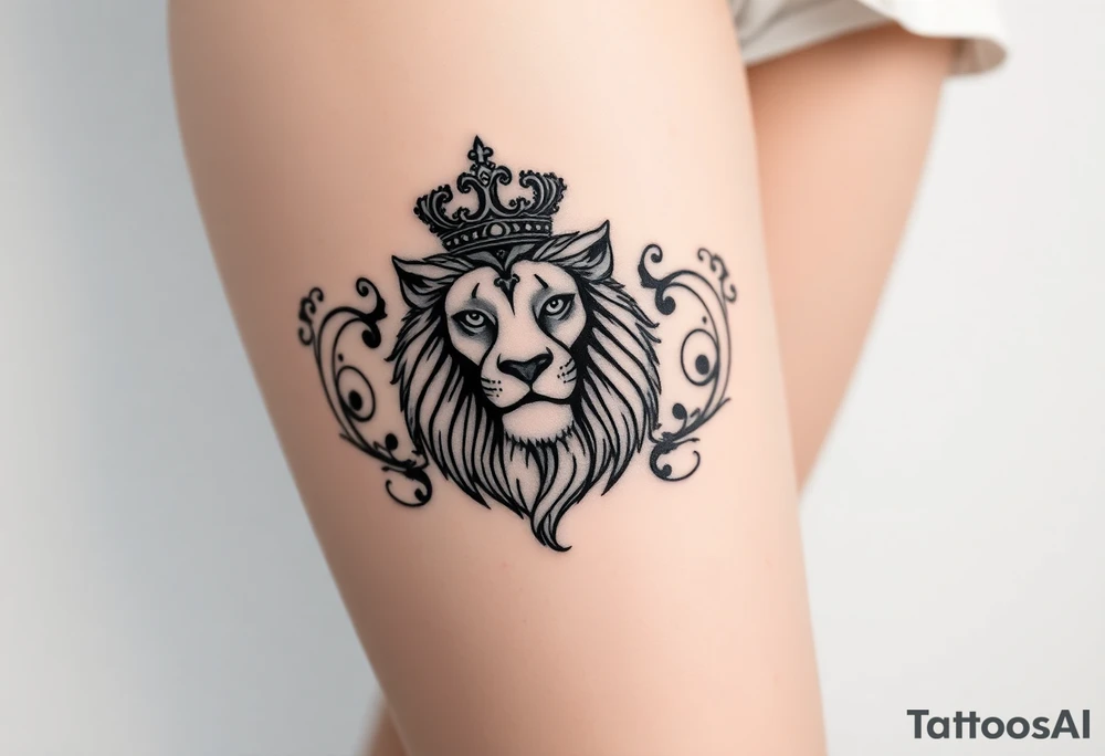 majestic lion wearing ornate crown, surrounded by baroque flourishes tattoo idea
