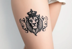 majestic lion wearing ornate crown, surrounded by baroque flourishes tattoo idea