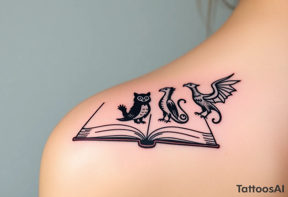 An open book with black silhouettes of a werewolf, an owl, a dragon & a phoenix coming out of the book tattoo idea