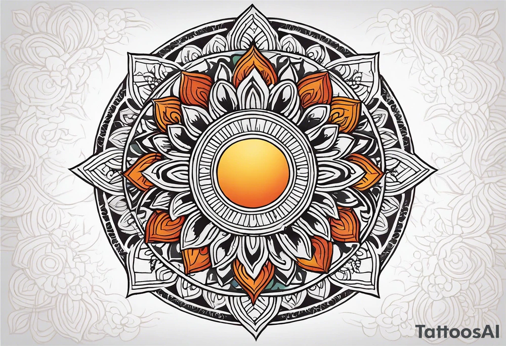A round Mandala with a sun background tattoo idea