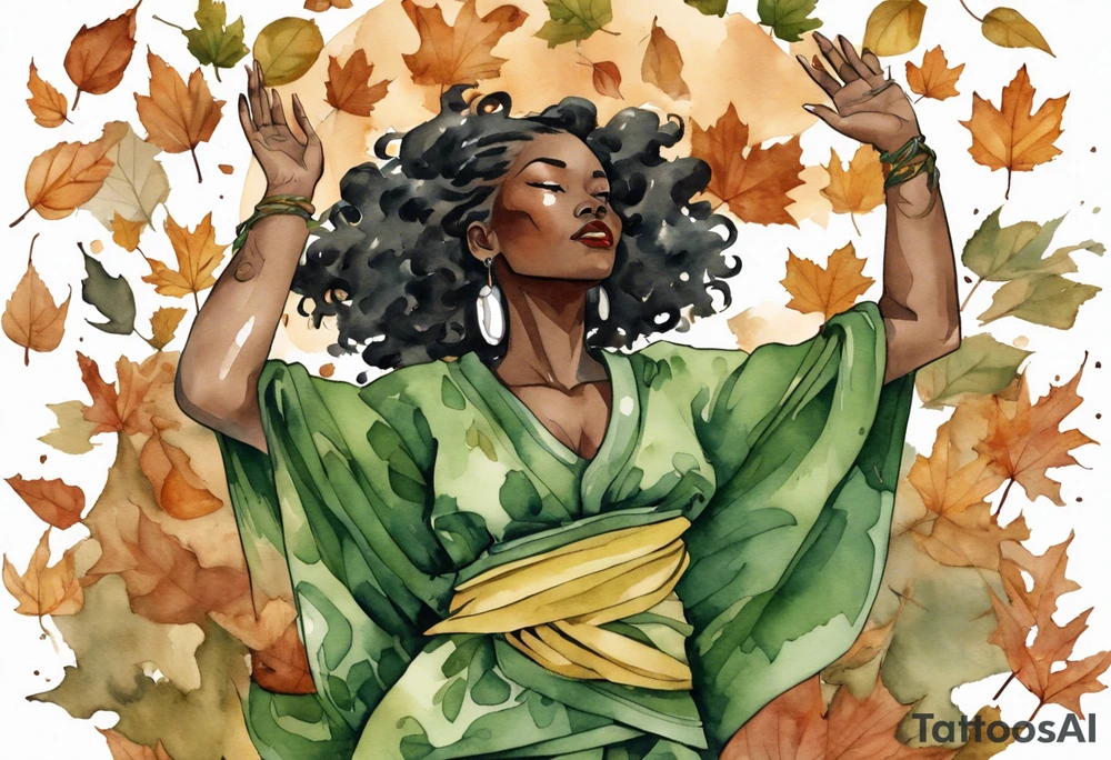 a black woman standing in a pile of fallen leaves, wearing a green tunic, a tree from the waist-down, her arms raised towards the sun, tattoo idea