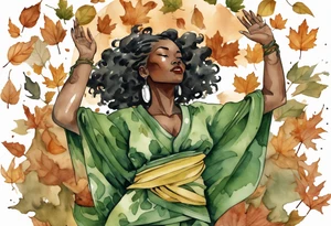 a black woman standing in a pile of fallen leaves, wearing a green tunic, a tree from the waist-down, her arms raised towards the sun, tattoo idea