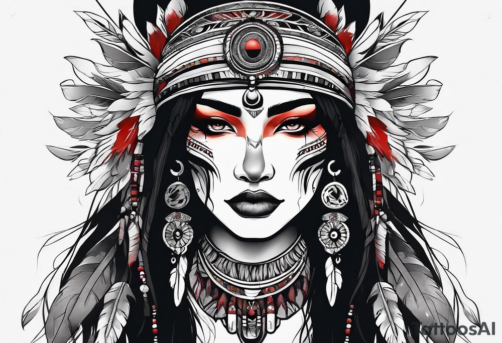 dark organic line artwork woman, native american, wolf, blood tattoo idea