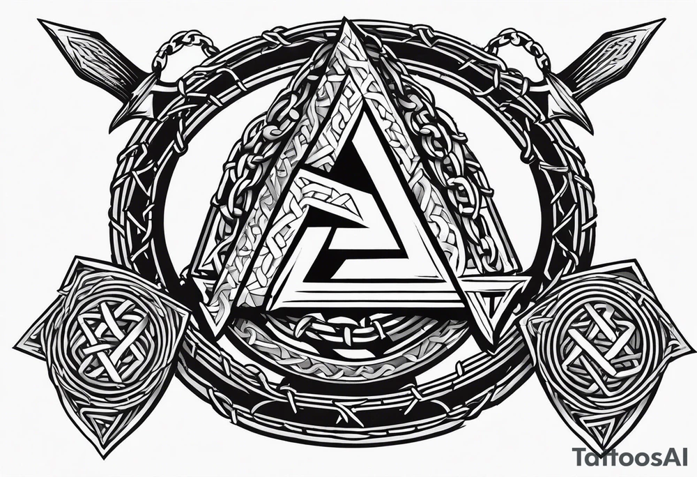 Valhalla sword shield axe barbed wire chains valknut tattoo idea