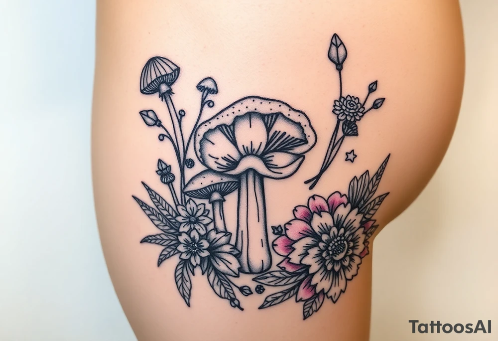 Could you possible make me a nature tattoo with mushrooms crystals  flowers mandala boho but vibrant colorful and psychedelic colorful too that would wrap from front of hip around side to mid back to cover an existing one tattoo idea