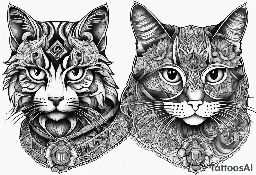 manchester united, two cats, god, EDM. all that combined into one art.it should be long, not wide tattoo idea