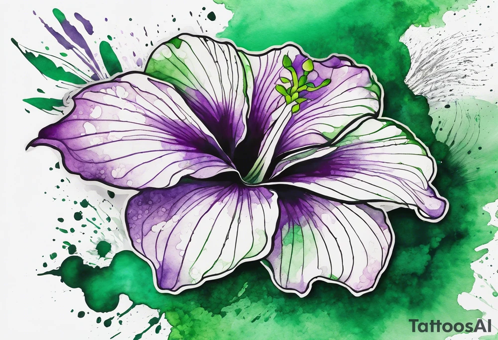 A mystical outline of a green and purple rio dipladenia flower and a green and purple watercolor splash in the background tattoo idea