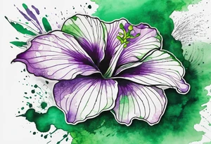 A mystical outline of a green and purple rio dipladenia flower and a green and purple watercolor splash in the background tattoo idea