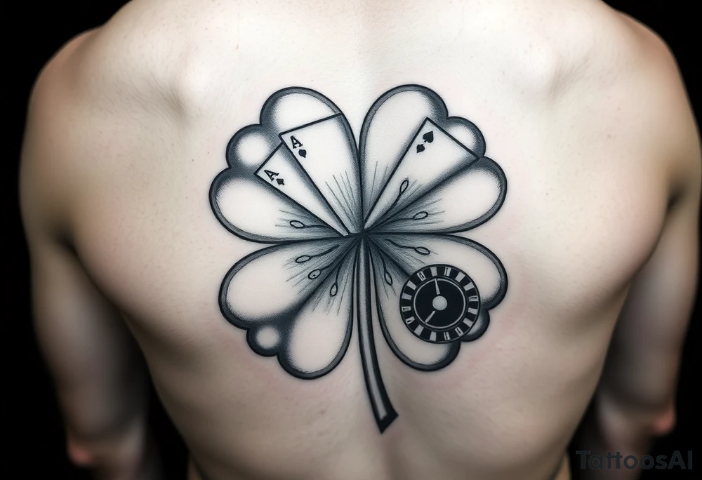 A four-leaf clover with a slot machine, a pack of cards, a pair of dice, and a roulette table in each leaf tattoo idea