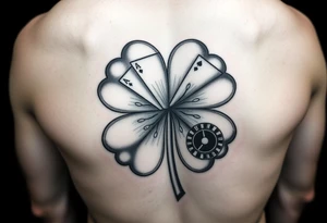 A four-leaf clover with a slot machine, a pack of cards, a pair of dice, and a roulette table in each leaf tattoo idea