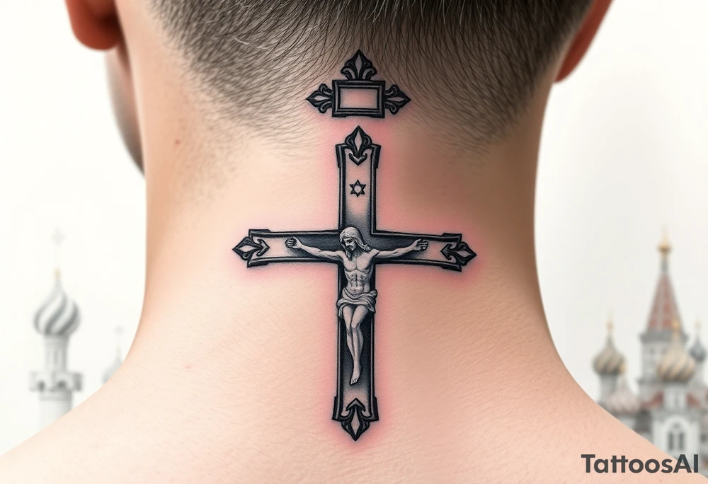 Traditional orthodox ICXC Christian cross with the small horizontal bar at the top with a plaque titulus, the central longest horizontal bar with Jesus Christ on the cross also with the slanted part of the cross where christs feet were nailed in a Russian wilderness Kremlin setting tattoo idea