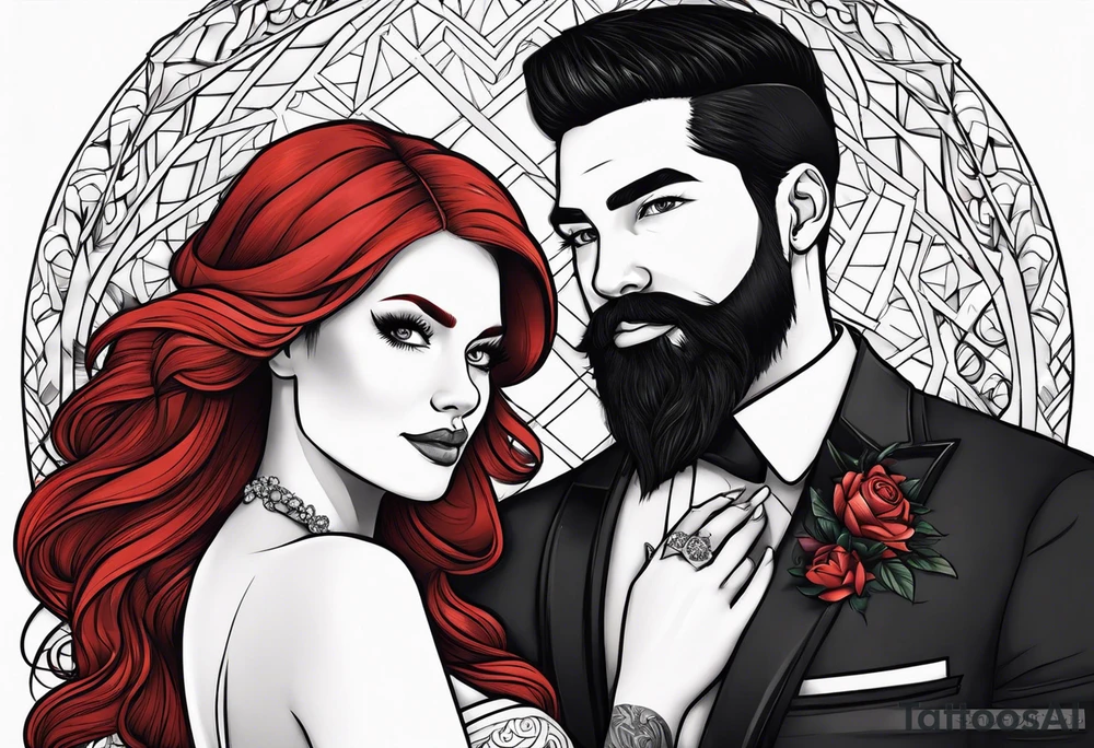 Busty red haired woman with a bearded man who has black hair getting married tattoo idea