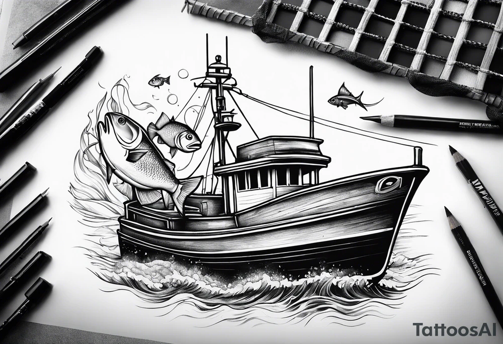 Big fishing boat and fish tattoo idea