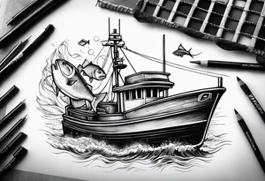 Big fishing boat and fish tattoo idea