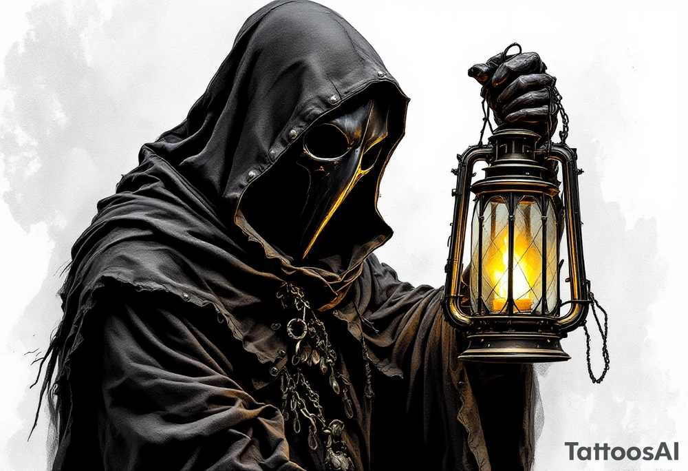 Medieval Plague Doctor with Lantern – A shadowy plague doctor in a worn-out dark brown cloak, holding an old brass lantern with a flickering warm yellow candlelight inside. The beaked mask is deep black with silver rivets. tattoo idea