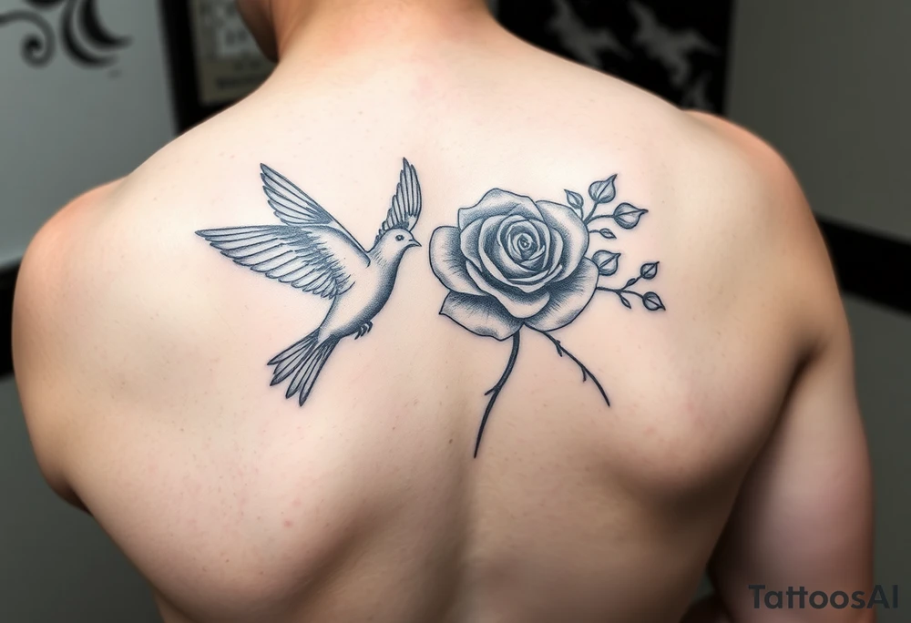 forearm tattoo doves and a rose (make it  a realistic art style )and grandmothers name that is "rose" add lots clouds to the backround tattoo idea